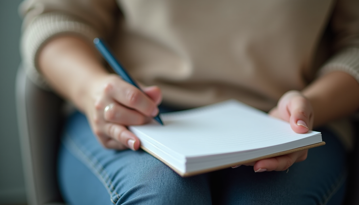 Close-up view of a therapist’s hand holding a notebook during a counseling session