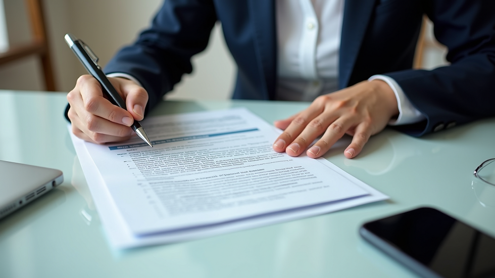 High angle view of a person reviewing insurance documents at a desk