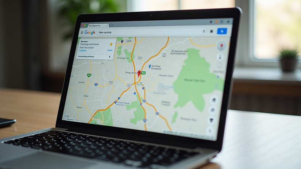 Eye-level view of a laptop screen showing a local business listing on Google Maps