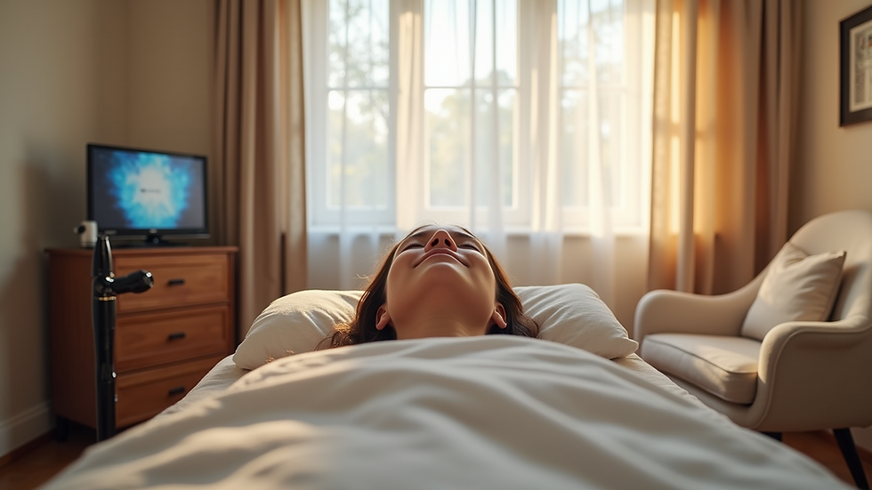 Eye-level view of a comfortable therapy room with neurofeedback equipment
