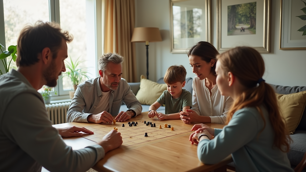 High angle view of a family playing board games together in a bright living room