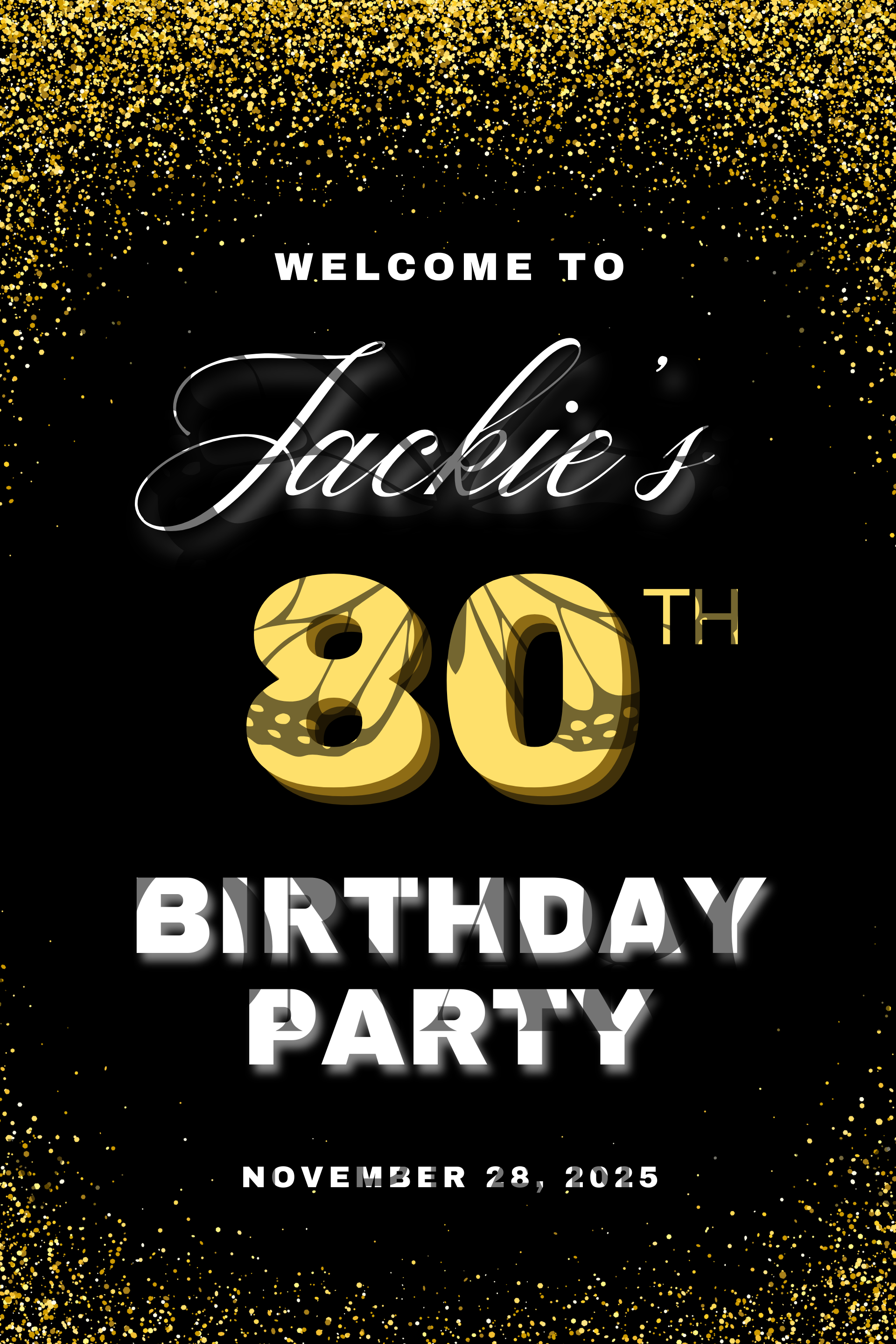 Birthday Welcome sign black and gold glitter