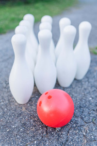plastic yard bowling set up and ready to be played
