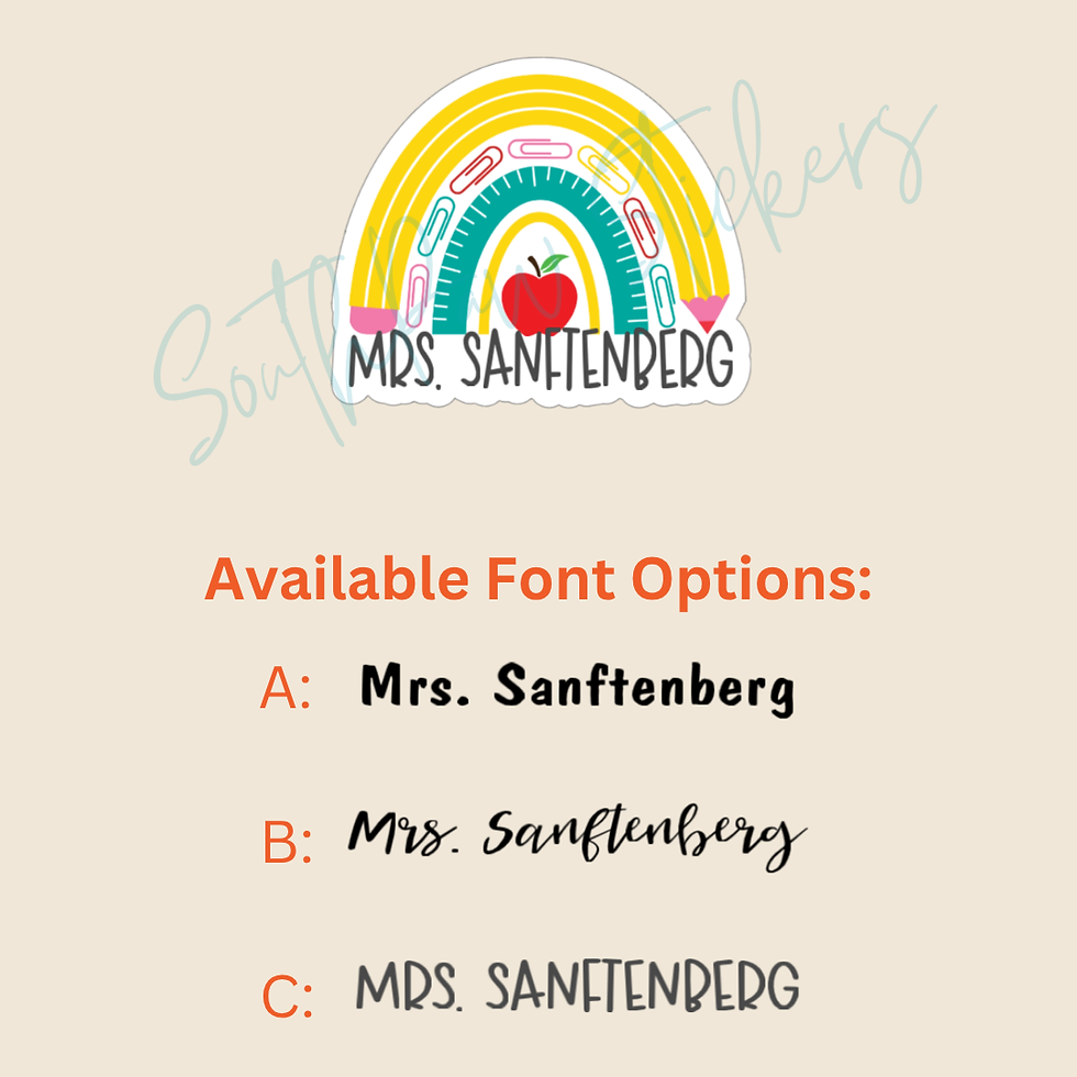 Thumbnail: Rainbow sticker: Mrs. Sanftenberg. Available fonts shown.