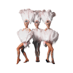 Three Las Vegas showgirls in white feathered costumes and headdresses against a black background, Corporate Event Entertainers
