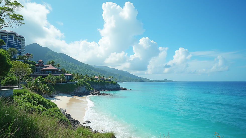 Wide angle view of a peaceful Okinawa coastal area with resort buildings