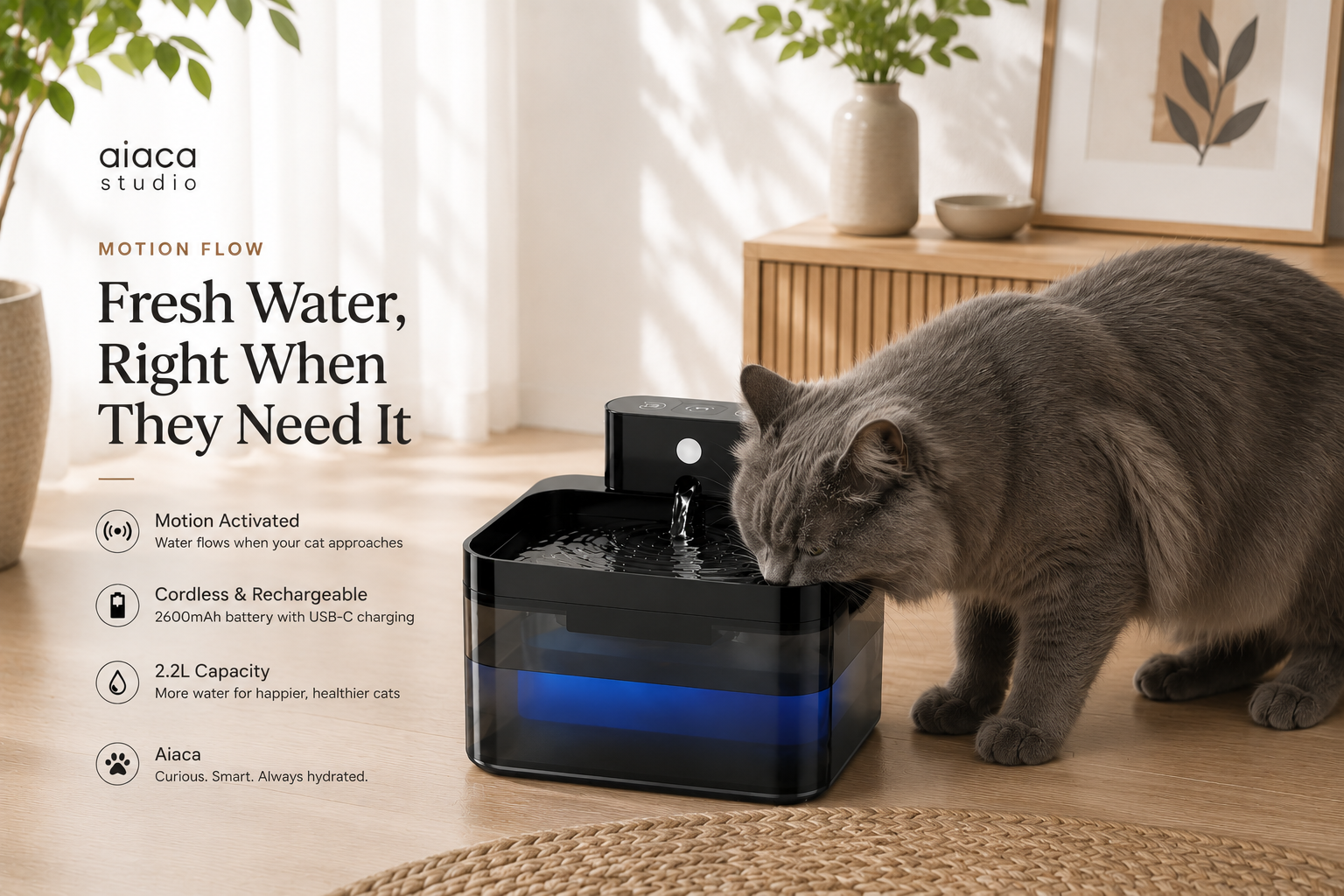 FlowSense Fountain - Cordless Smart Water Fountain for Cats
