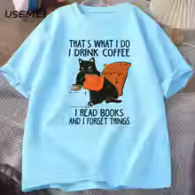 Thumbnail: Coffee, Cats & Books T-Shirt - Soft Cotton Graphic Tee for Book & Cat Lovers