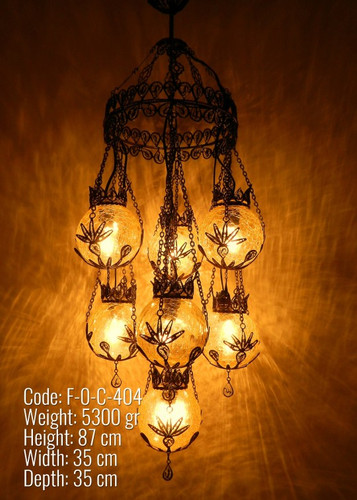 FILIGREE TURKISH CHANDELIER, 7 BLOWN GLASS GLOBES