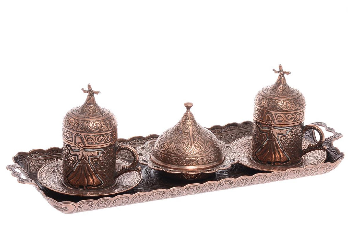 10x TURKISH COFFEE SET OF TWO RUMI DESIGN, ANTIQUE COPPER