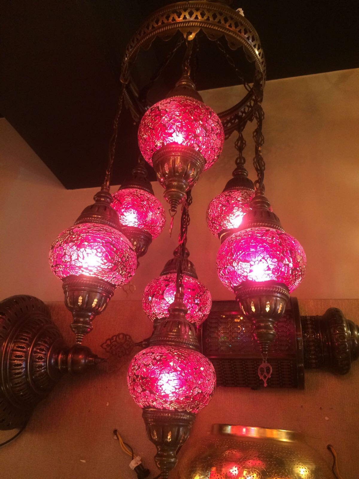 LÁMPARA DE MOSAICO TURCO ROSADO TRANSPARENTE, 9 GLOBOS