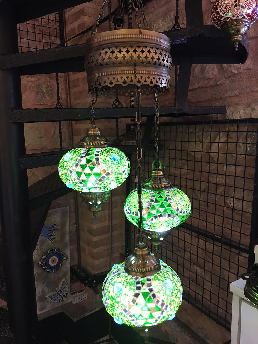 Thumbnail: TURKISH MOSAIC CHANDELIER, 3 LAMPS, GREEN, LARGE GLOBES NO 3