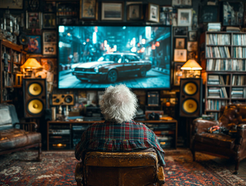 ホームシアターを楽しむ老人