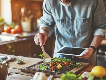 タブレットで料理をするシニア男性