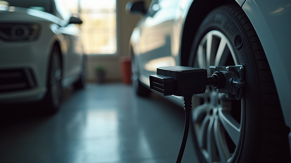 Vue en plongée d'un outil de diagnostic connecté à la prise OBD d'une voiture garée dans un garage à domicile