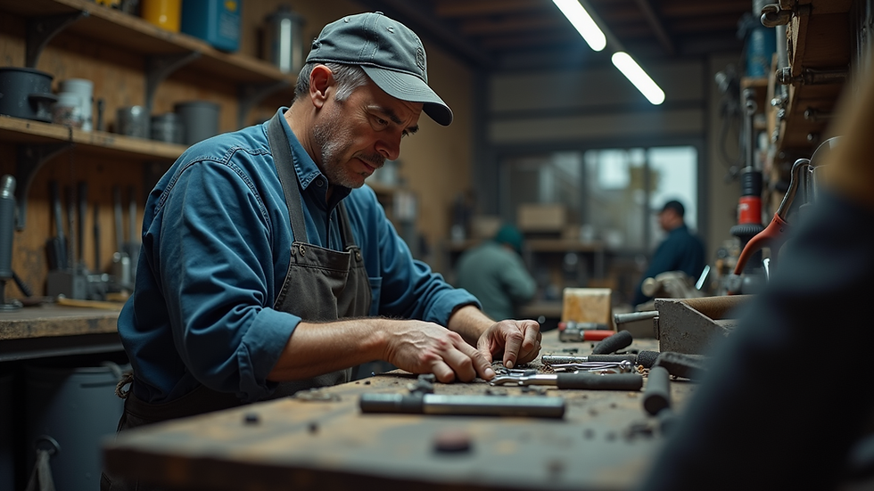 Vue en plongée d'un mécanicien préparant ses outils dans un camion atelier