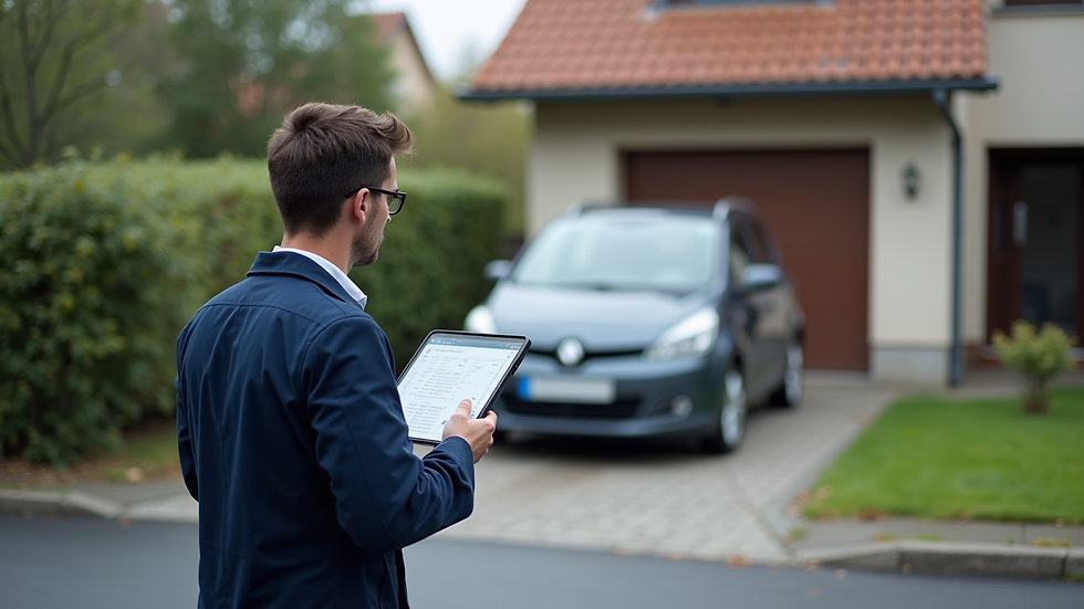 Vue rapprochée d'un technicien effectuant un diagnostic auto sur une voiture garée devant une maison