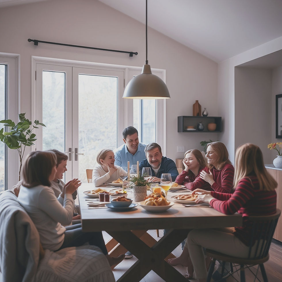 A warm and cozy home interior filled with natural light, showing a large family gathered t