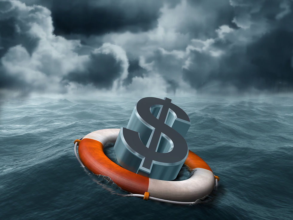 Dollar sign on a life raft in stormy weather depciting rocky financial enviornment, but help keeping it afloat. 