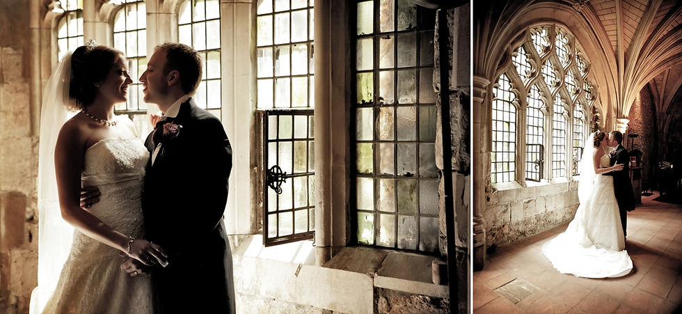 Couple portraits just after the ceremony inside the cloisters of St Bartholomew the Great, framed by gothic windows and soft natural light