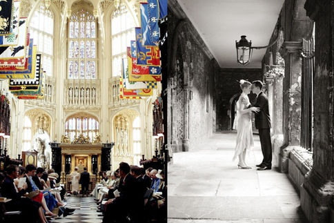 Wedding ceremony and detail of couple married at Westminster Abbey, London.