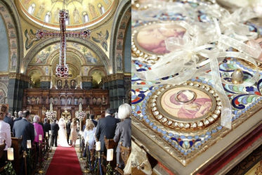 Bride and Groom at the altar during their Wedding ceremony at the Greek Orthodox Cathedral, London.