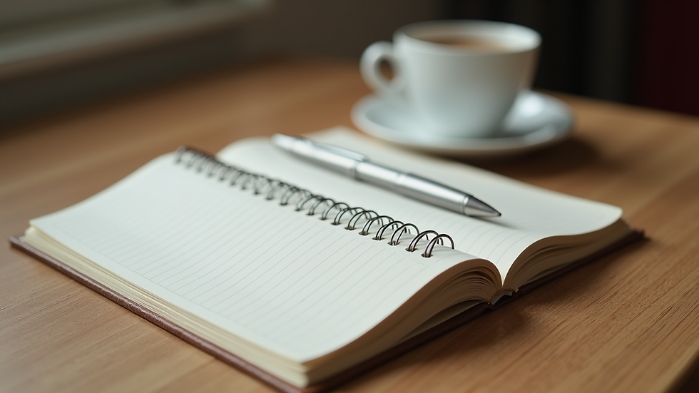 Close-up view of a journal and pen on a wooden table with a cup of tea