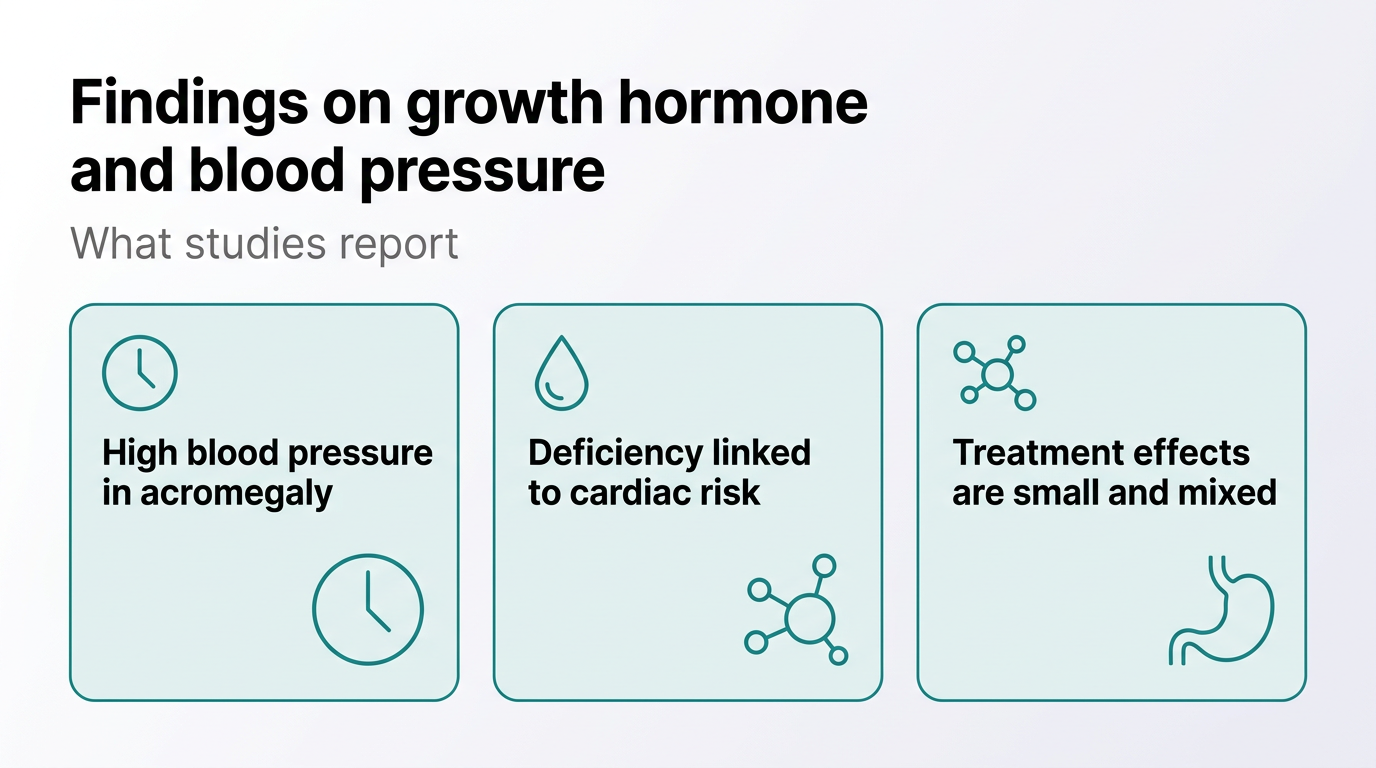 Fact cards summarising three sourced findings on growth hormone and blood pressure.