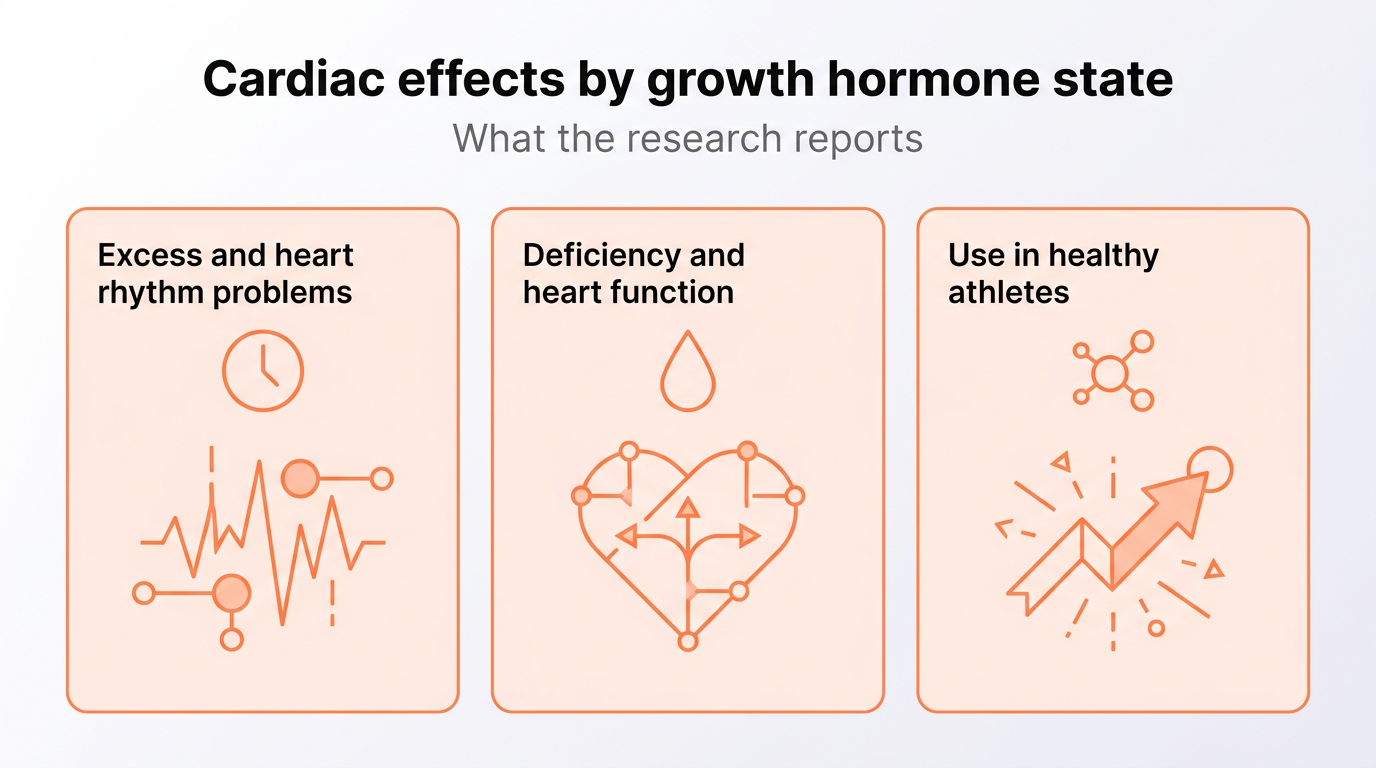 Three labelled cards comparing the cardiac effects of growth hormone excess (acromegaly), growth hormone deficiency in adults, and growth hormone use in healthy people.