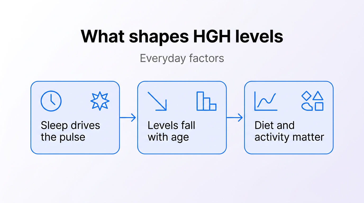Diagram with three cards on what shapes HGH levels: sleep drives the pulse, levels fall with age, and diet and activity matter.