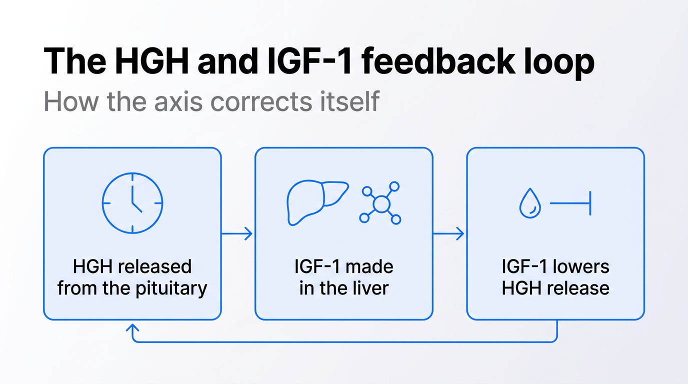 Diagram of the HGH / IGF-1 feedback loop: HGH is released from the pituitary, stimulates IGF-1 production in the liver, and IGF-1 feeds back to lower HGH release.