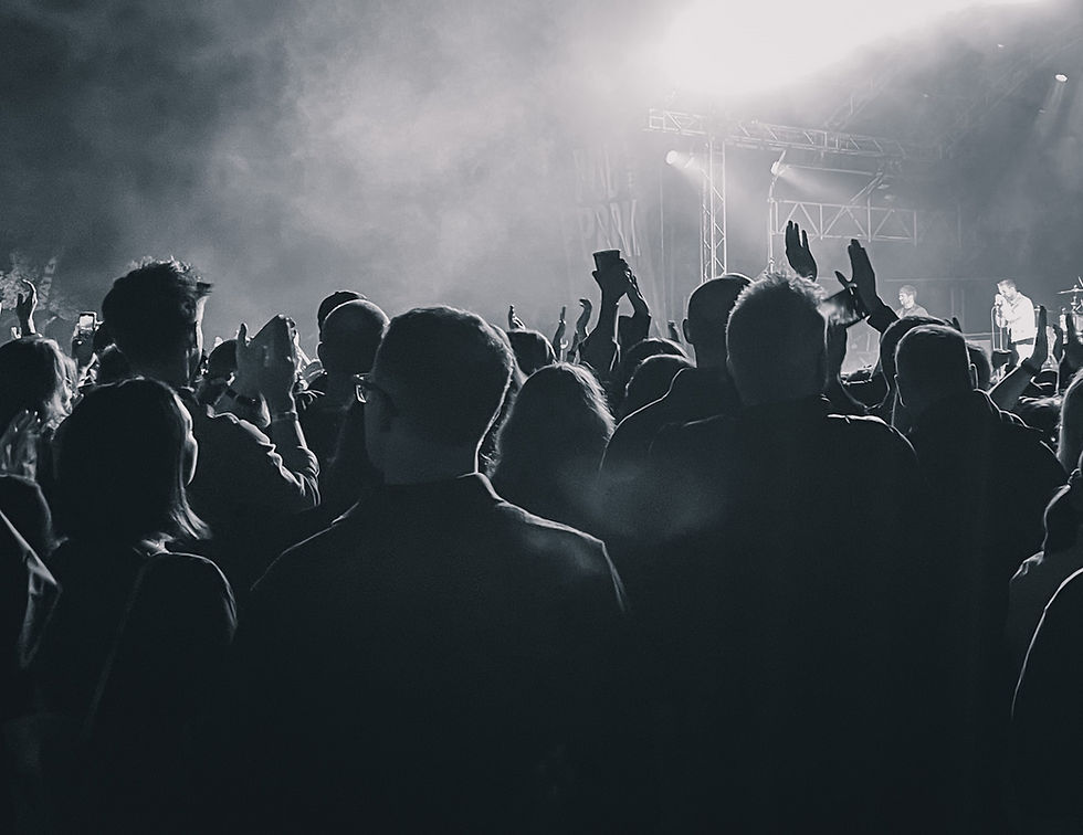 Black and white image of a crowd of people at a concert