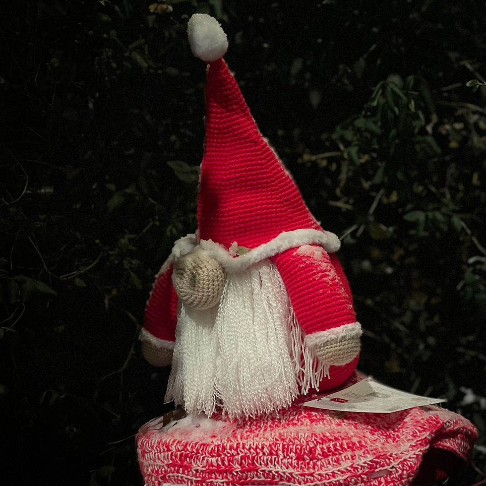 Knitted Santa figure sitting atop a post box, covered in frost