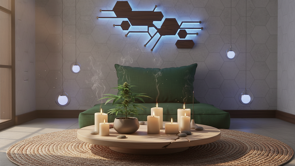 Eye-level view of a serene meditation space with candles and cannabis plant