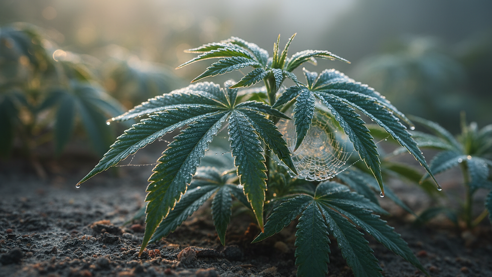 Close-up view of cannabis leaves with morning dew