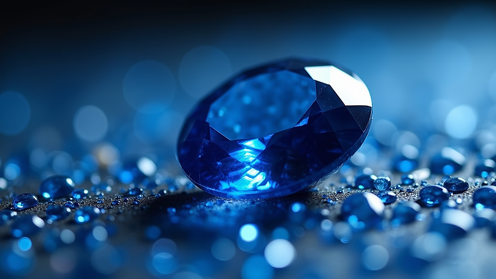 Close-up view of a sparkling blue sapphire gemstone