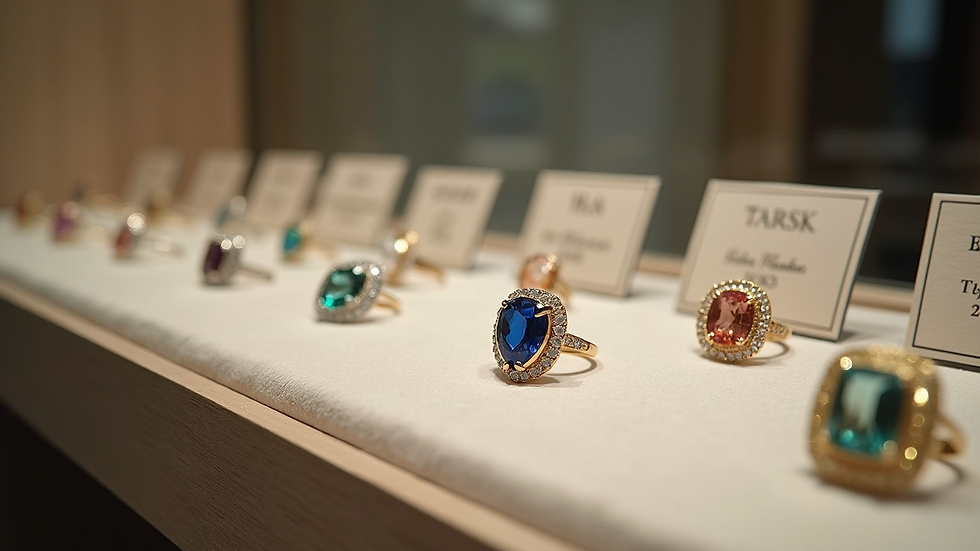 Eye-level view of a gemstone display with personalised gift cards