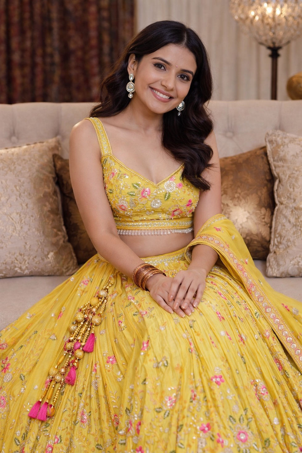 Thumbnail: Yellow Floral Embroidered Designer Lehenga Set | Festive & Wedding Wear