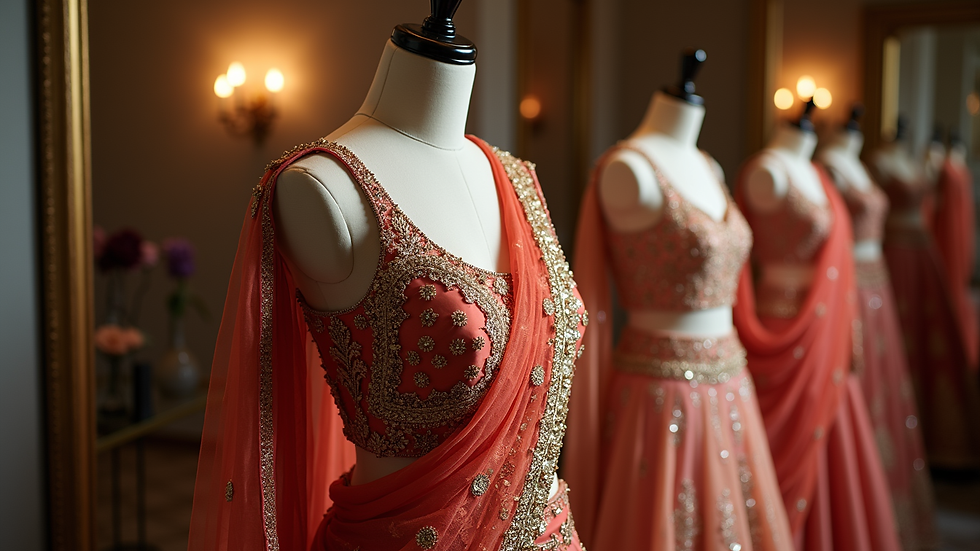 High angle view of a luxury Indian bridal outfit displayed on a mannequin