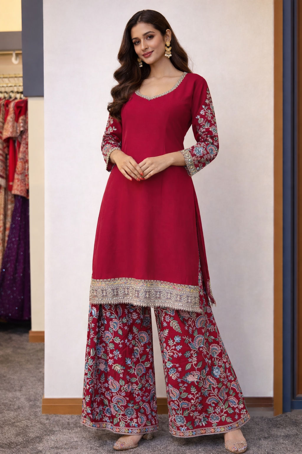 Designer Red Salwar Suit with Palazzo pants