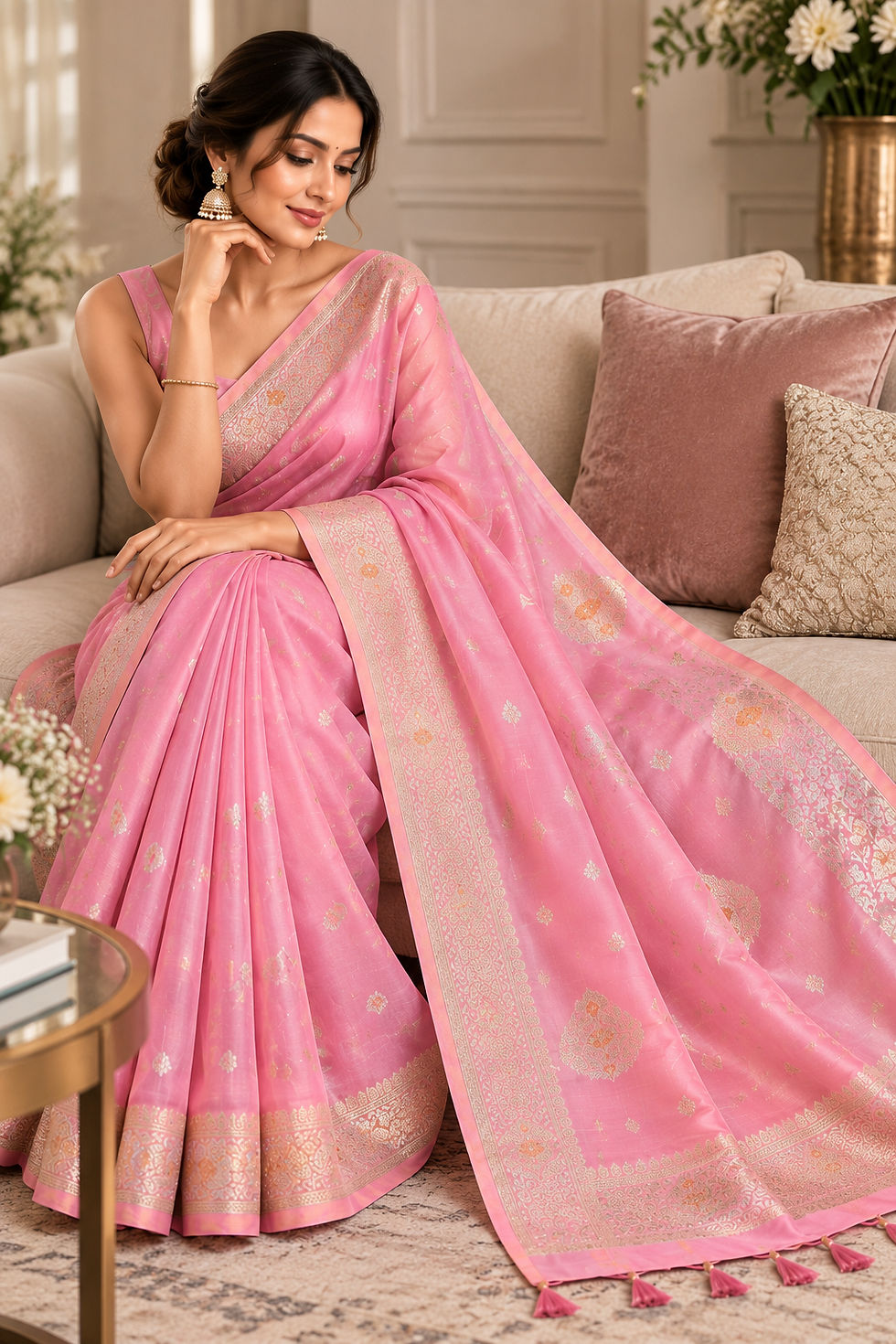 Thumbnail: Blush Pink Woven Saree with Gold & Silver Zari Detailing