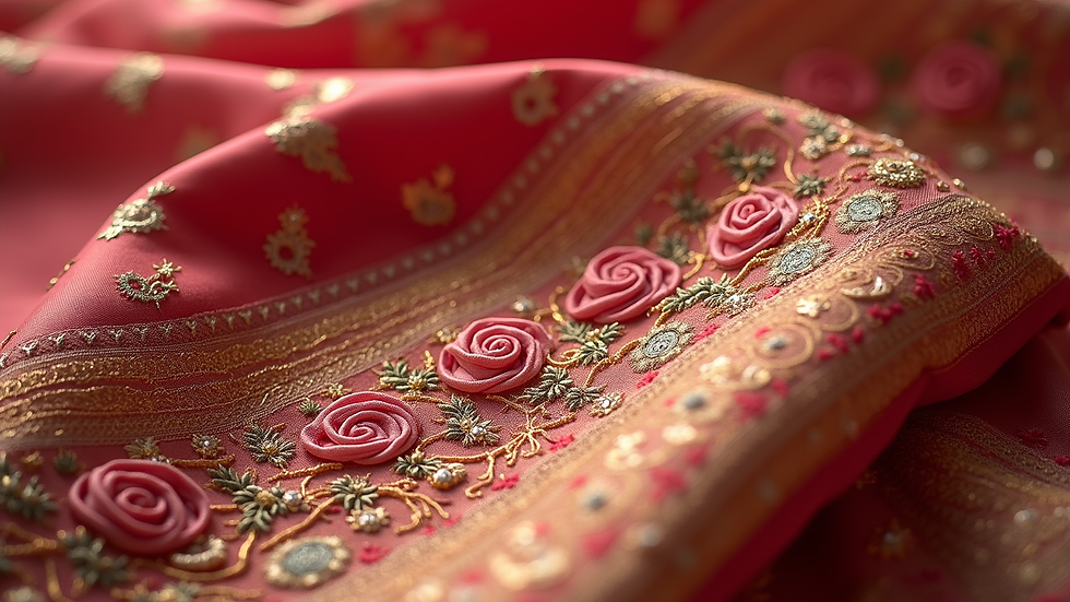 Close-up view of detailed embroidery on a bridal saree fabric
