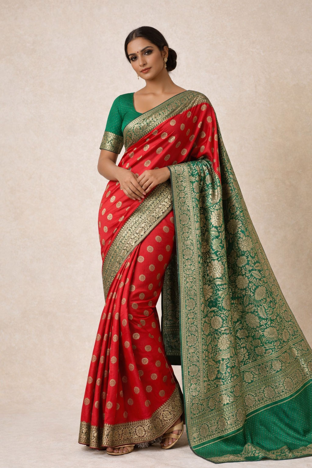 Red & Emerald Green Banarasi Silk Saree – Classic Heritage Elegance