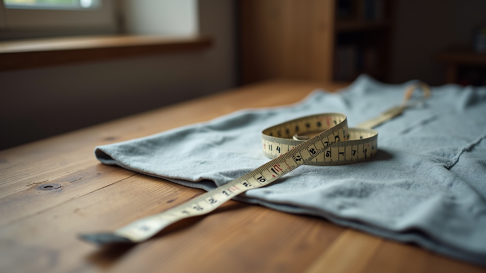 Eye-level view of a tailor's measuring tape and fabric on a wooden table