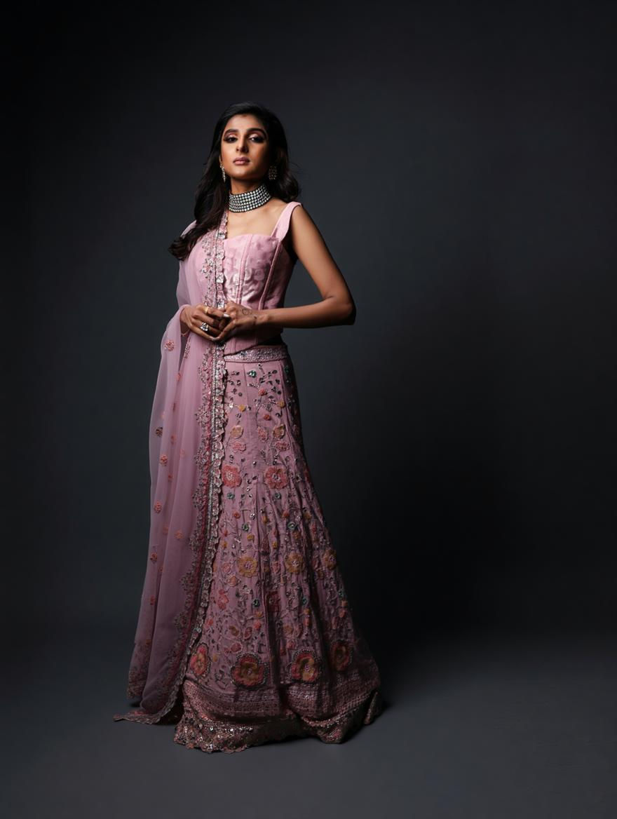 Thumbnail: Blush Pink Floral Embroidered Corset Lehenga Set with Dupatta