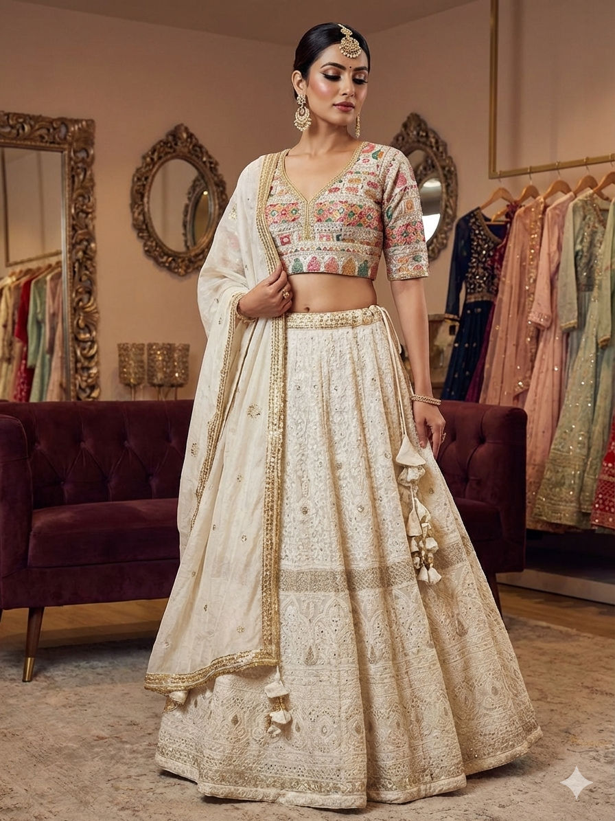 Thumbnail: Premium ivory Chikankari Embroidered Lehenga