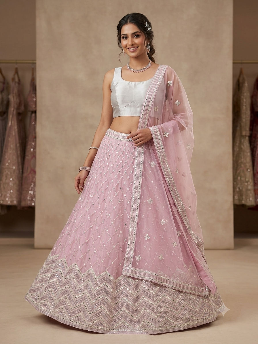 Pastel Pink Mirror-Work Lehenga Set with Silver Blouse