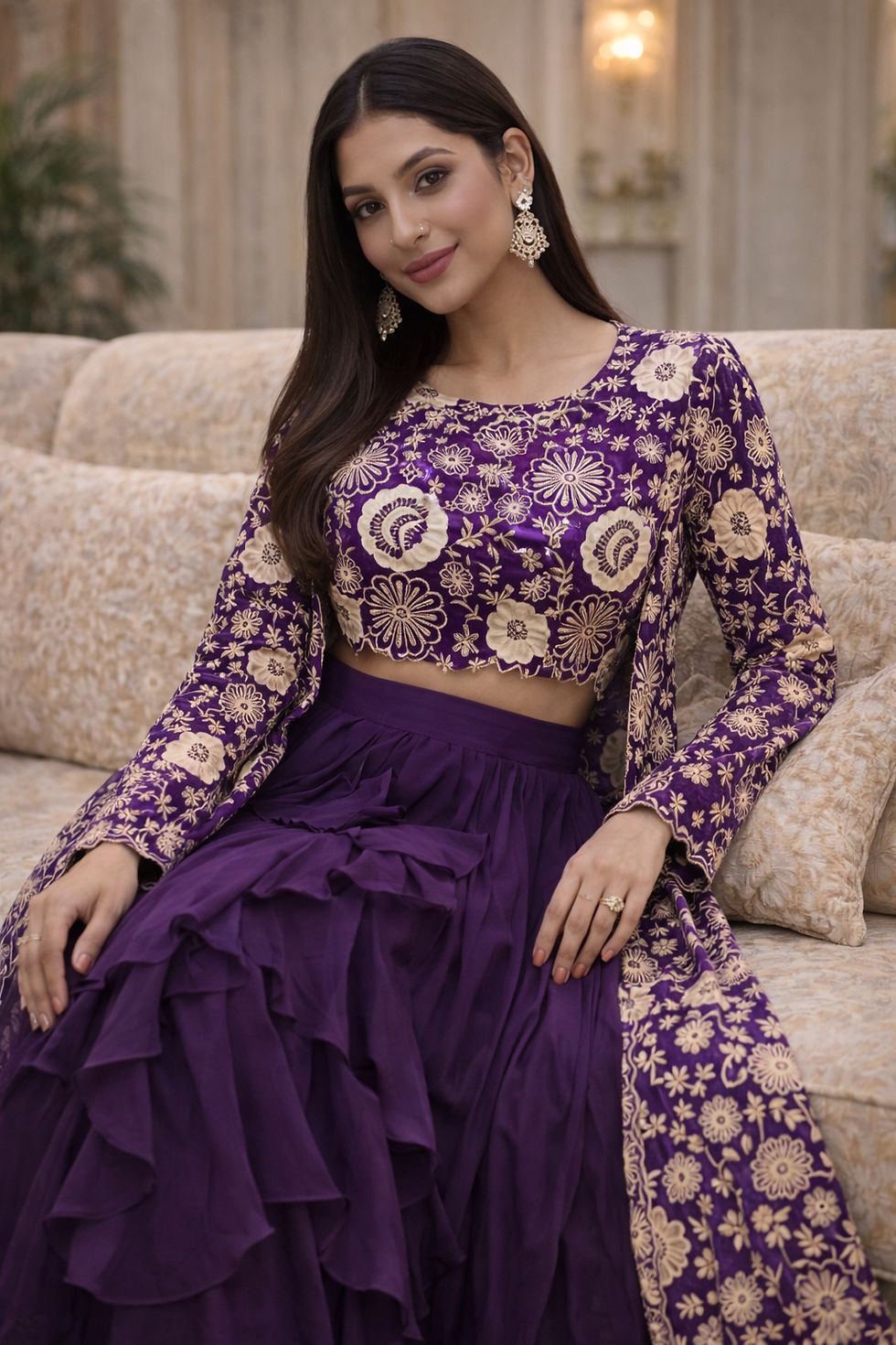 Thumbnail: Royal Purple Indo-Western Lehenga Set with Embroidered Jacket