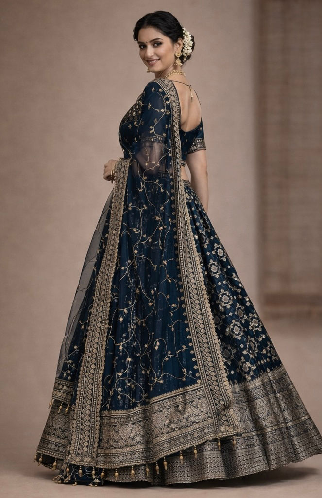 Thumbnail: Navy Blue Designer Lehenga with Silver Zari Weaving & Embroidered Dupatta