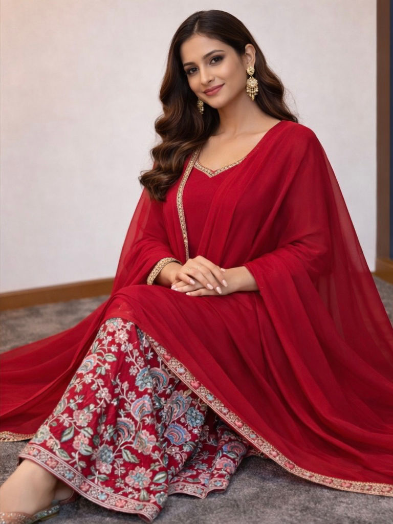 Thumbnail: Designer Red Salwar Suit with Palazzo pants